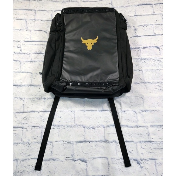 Under Armour UA Project Rock Duffle Backpack Bag Black Gold Gym 1376459-002 WWE - Picture 1 of 11
